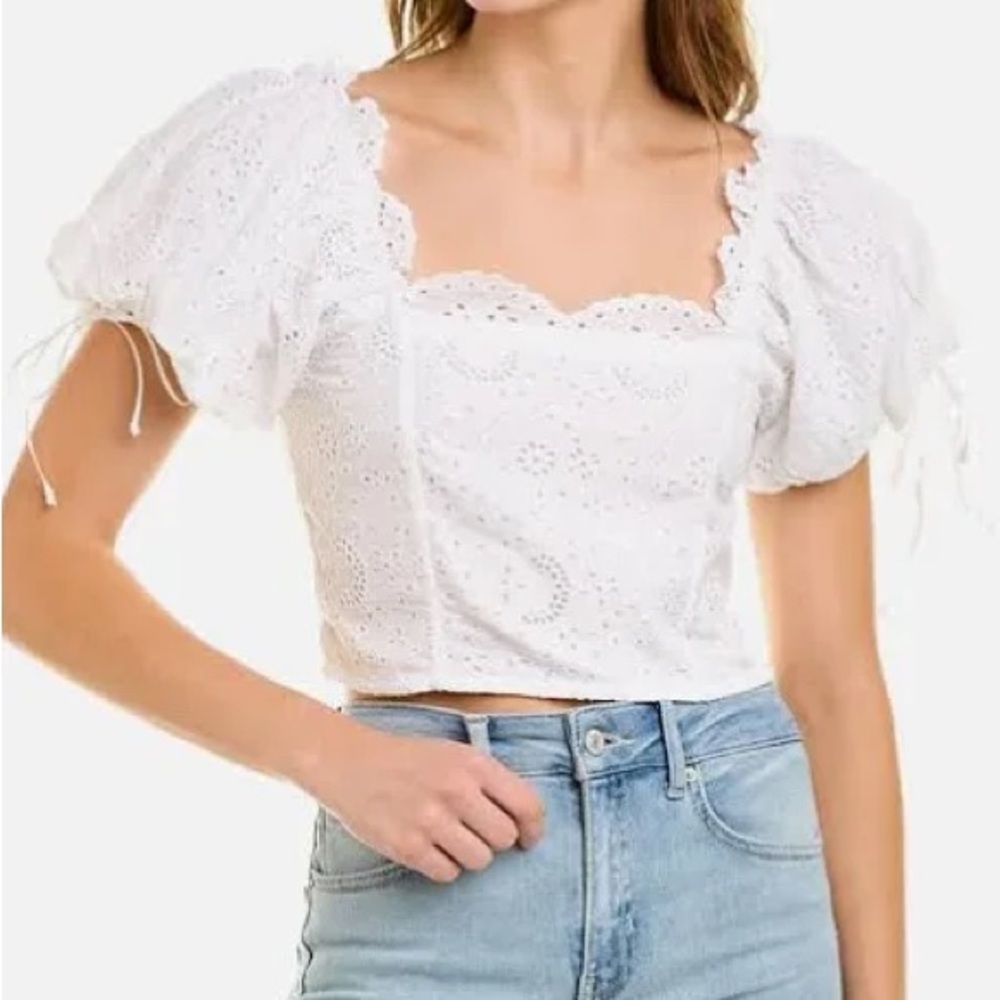 LoveShackFancy White Eyelet Puff Sleeve Crop Top